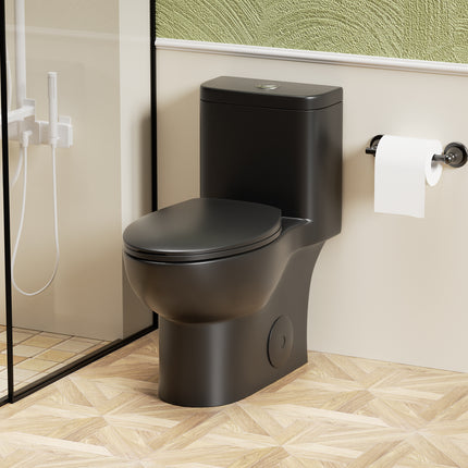 1.1/1.6 GPF Tornado Flush One-Piece Toilet with Comfort Chair Seat ADA Height 17', Powerful & Quiet Dual Flush Modern Toilet,Siphonic S-trap 12',Rimless Bowl with Soft Closing Seat, Matt Black MB-006.