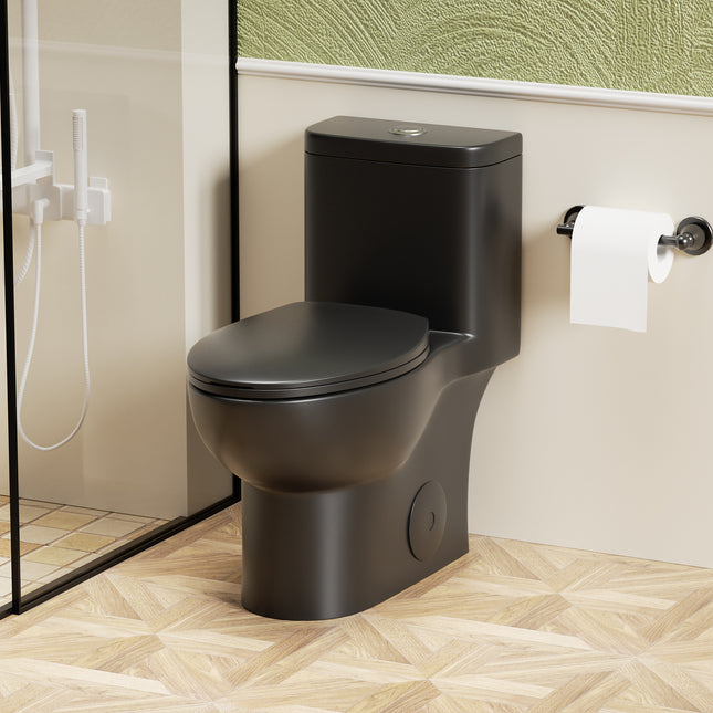 1.1/1.6 GPF Tornado Flush One-Piece Toilet with Comfort Chair Seat ADA Height 17', Powerful & Quiet Dual Flush Modern Toilet,Siphonic S-trap 12',Rimless Bowl with Soft Closing Seat, Matt Black MB-006.