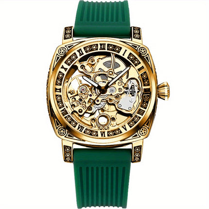 1pc Men's Vintage Roman Numeral Automatic Mechanical Watch - Green Strap