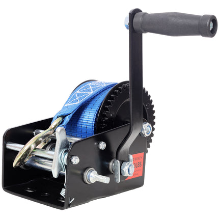 3500LBS Hand Winch,with 32.8FT Blue Strap,Black Shell,4.1:2.4:1 Gear Ratio Portable Winch,Two-Way Ratchet,Manual Operated Hand Crank Winch for Trailer, Boat or ATV Towing