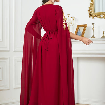 Middle Eastern Fashion Solid Color Sequin Embroidered Waist-Cinching Long Split Sleeve Gown Dress