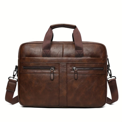 Men'S Vintage Multi-Zip Business Briefcase, 14-Inch Laptop Bag, Shoulder And Hand-Held Bag
