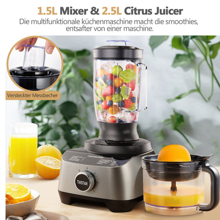Bowl & 1.5L Blending Cup - Heavy-Duty Blender, Mill, Citrus Juicer, Kneader, 1300W Motor, 3-Speed
