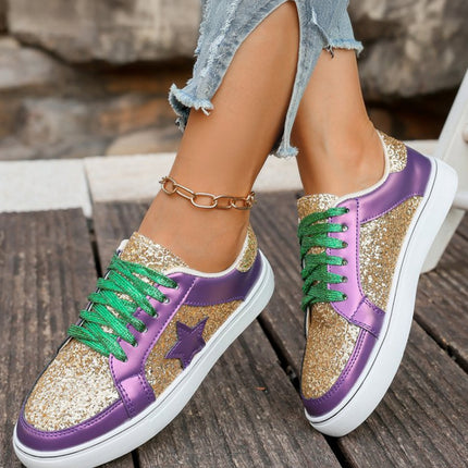 Tillandsia Purple Dearlove Glitter Star Patchwork PU Leather Lace-up Sneakers