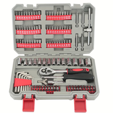 130pcs Tool Set Tool Box, 1/4 Inch Drive Socket Ratchet Wrench Set with Drill Bit Socket Set Metric