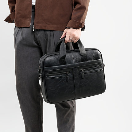 Men'S Vintage Multi-Zip Business Briefcase, 14-Inch Laptop Bag, Shoulder And Hand-Held Bag
