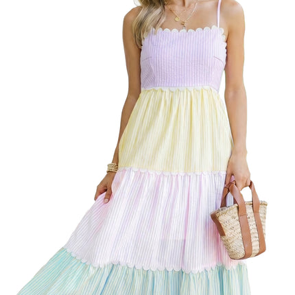 Multicolour Striped Colorblock Adjustable Strap Scalloped Detail Long Dress