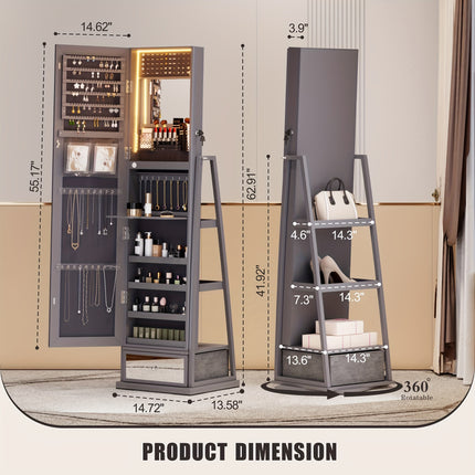 360° Swivel, Full-Length Mirror, Standing Lockable Organizer with Ample Storage