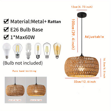 Handcrafted Rattan Pendant Light Fixture Traditional Polished Metal Semi-Flush Mount Ceiling Lighting