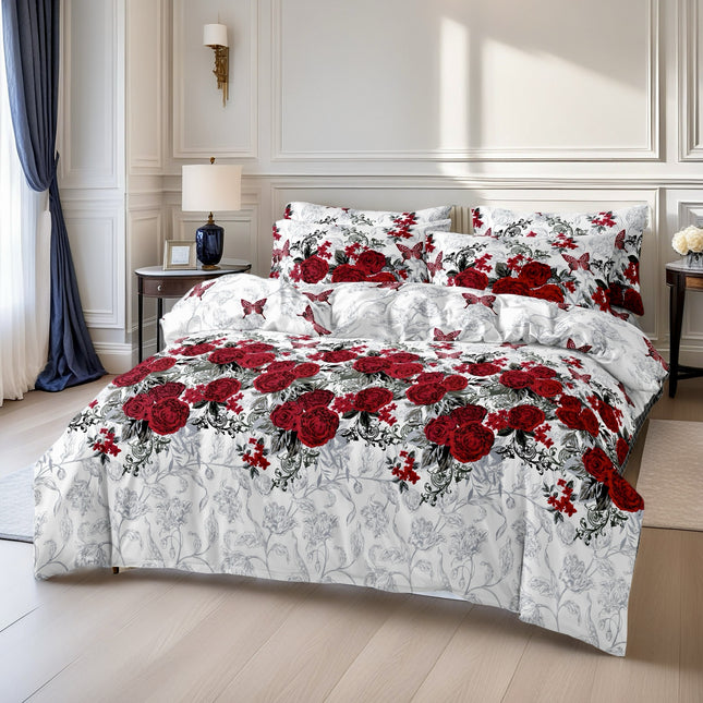 3pcs Red Small Butterfly Rose Romantic Flower Cluster Down Duvet Cover Three-Piece Set, Bedding Sets