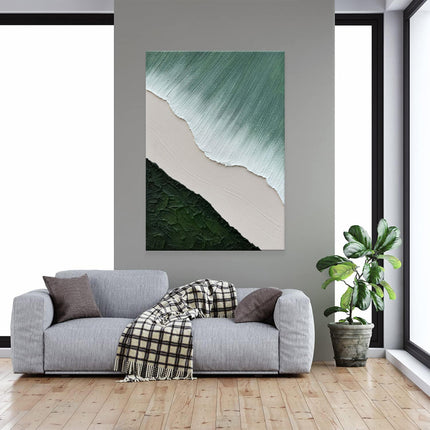 Handmade Oil Painting Acrylic Canvas Wall Art Decoration Green Minimalist White Waves Abstract For Home Living Room Bedroom Porch Decor Rolled Frameless Unstretched Painting