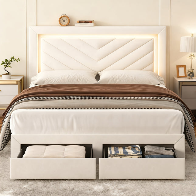 Bed Frame with Upholstery Featuring an Adjustable LED Headboard, Built-In Charging Station