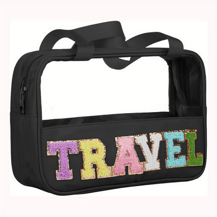 Light Pink TRAVEL Chenille Letter Clear PVC Makeup Bag