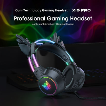 X15pro black RGB wired gaming headphones with a pair of cute deer ears, noise reduction,