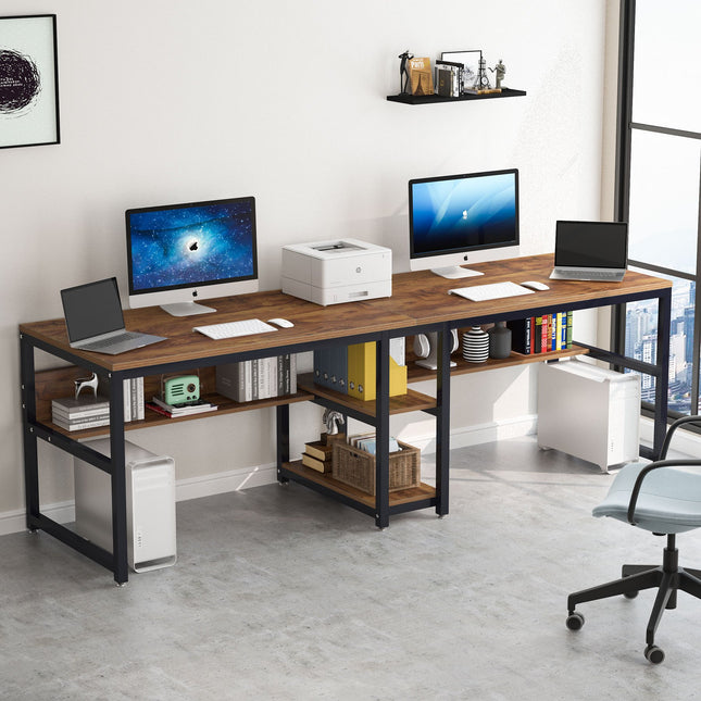 Double person office desk with bookshelf, 78.7-inch office double person computer desk,
