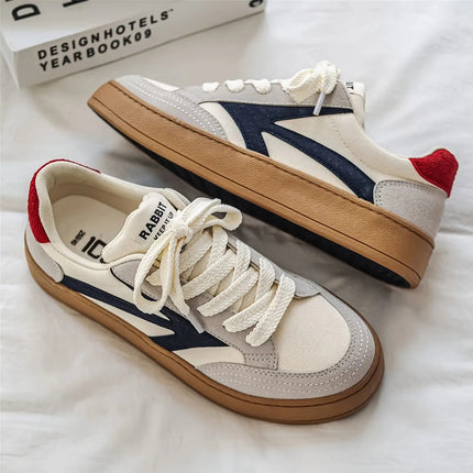 Men'S Retro Skate Sneakers - Low-Top Breathable Canvas Shoes with White Laces & Navy Blue/Red Accent