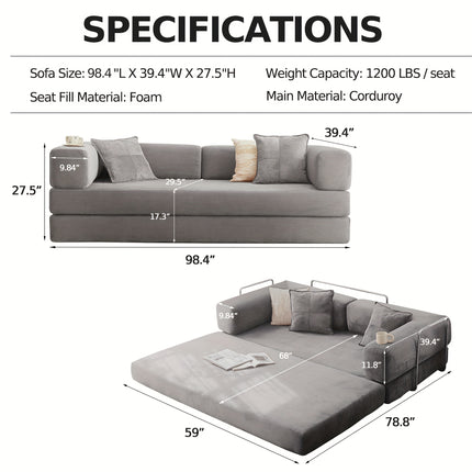Sofa Bed | Convertible Floor Boneless Couch with Comfy Pillow, Modular Modern Corduroy Sofa