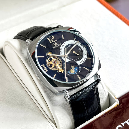 Elegant Men's Mechanical Watch - Retro Square Dial, Skeleton Design, Alloy Case