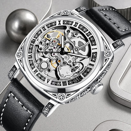 1pc Men'S Silvery Black PU Belt Simple Style Quality Ancient Roman Fully Automatic Tourbillon Mechanical Watch
