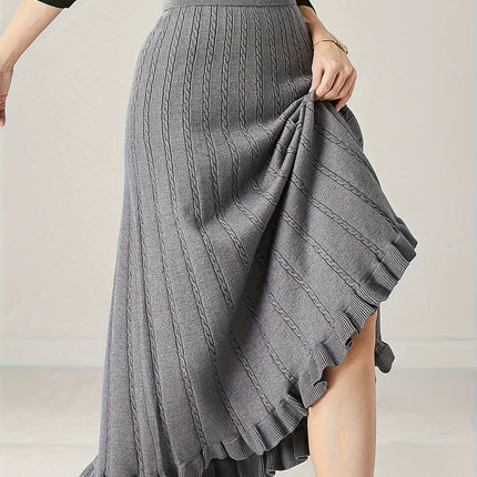 Women'S Elegant Cable Knit Skirt, Viscose, Solid Color, Autumn/Winter Fashion, Knitted (Ribbed) Fabric