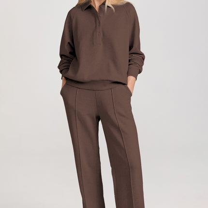 Dark Brown Solid Collared Sweatshirt and High Waist Pants Active Set