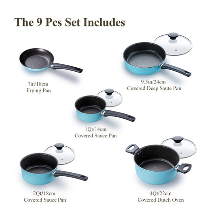 9pcs Nonstick Kitchen Pots and Pans Set Cookware Set, Aluminum  Dishwasher Safe,