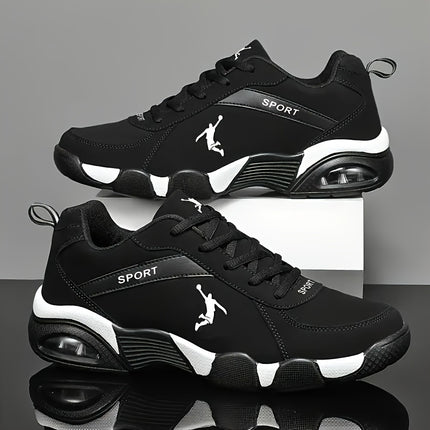 Air Cushion Casual Sneakers  Black/White Colorway, PU Upper, Geometric Design