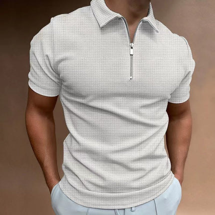Summer Casual Slim Short Sleeve Zipper Stripe Lapel