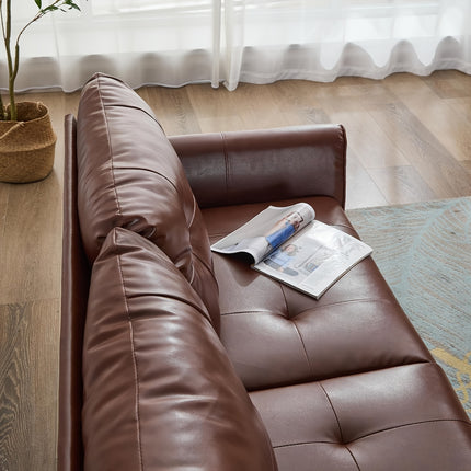 Modern Tufted Mini Sofa Brown Faux Leather, Comfy Office 2-Seat Settee for Small Spaces, Bedroom, Living Room