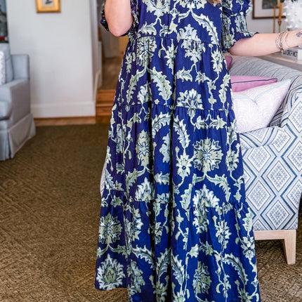 Blue Wild Floral Print Frilled Collar Half Sleeve Long Dress