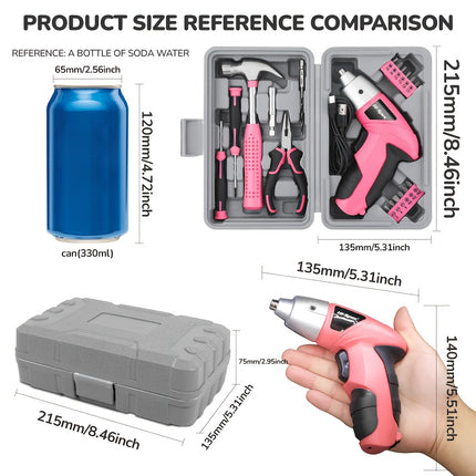 Hi-Spec Pink 3.6v Electric Screwdriver + Hand Tool Set Compact Handheld, Includes Hammer, Pliers,