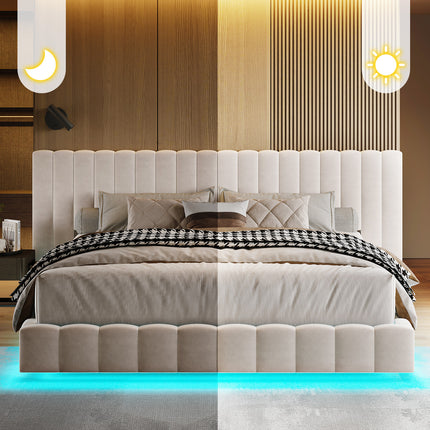 Bed Frame with Wide Headboard, Floating Platform, RGB LED Lights,