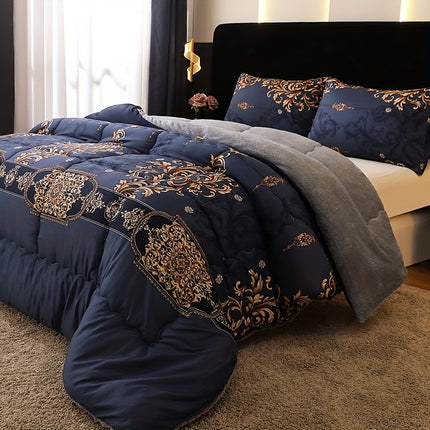 1pc Luxury Fleece Bedspread - Deep Navy Blue & Golden Floral Print, All-Season Soft Warmth
