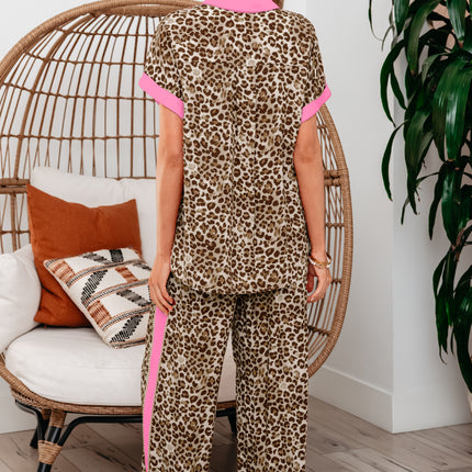 Brown Contrast Trim Leopard Top and Pant Set