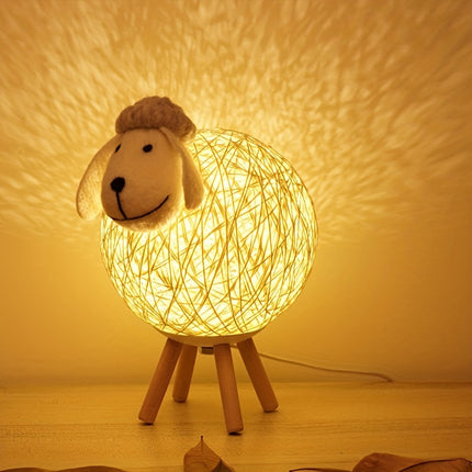 LED Sheep Night with Hand-Woven-Style Lampshade - Cute Kawaii Sheep Bedside Lamp