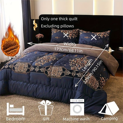 1pc Luxury Fleece Bedspread - Deep Navy Blue & Golden Floral Print, All-Season Soft Warmth