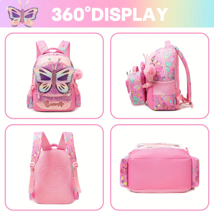 Girls Backpack for Elementary School with handbag and Pencil Case Cute Butterfly/Cat/Mermaid Backpack