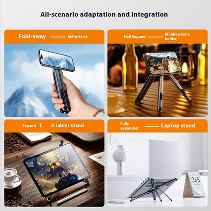 Multifunctional phone stand with various uses including selfie stick, tablet stand, and laptop stand.