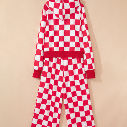 Red Checkered Print Half Zip Hoodie Loose Pant Set