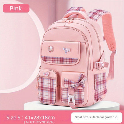 Cute  Plaid Bowknot Backpack for Girls - Lightweight, Durable Nylon Schoolbag with Multiple Compartments