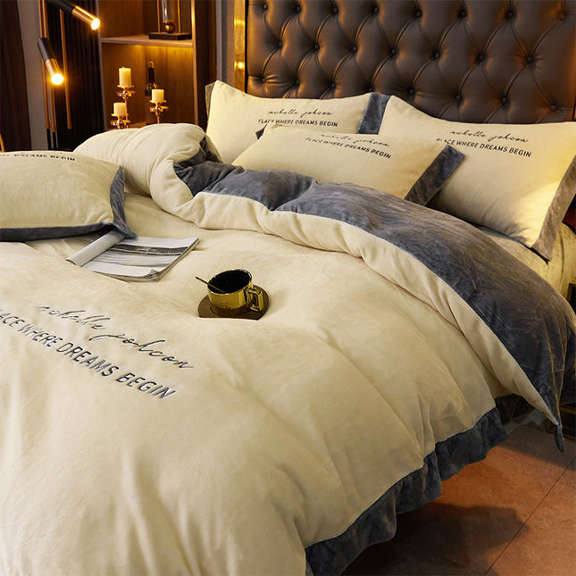 Winter Thick Coral Fleece Quilt Cover Double-sided With Velvet Flannel Bed Sheet Four-piece Set