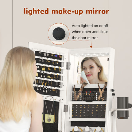 LED Lights, Full Length Mirror Cabinet Standing, Jewelry Organizer Storage, Foldable Makeup Shelf