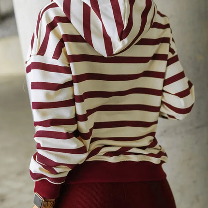 Red Stripe Pullover Hoodie Ribbed Solid Pants 2pcs Set Outfit