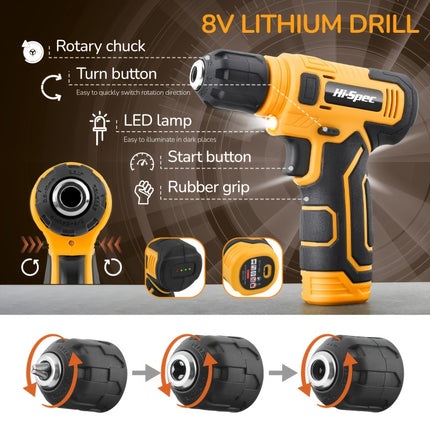 Hi-Spec Yellow 133pcs 8V Power Tool Set USB-Charged Handheld Electric Screwdriver, Tape Measure,