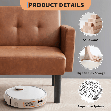 Sofa Bed, PU Leather Small Couch Sofa with Wood Legs&700lbs Capacity, Adjustable Folding Loveseat