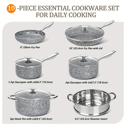 Stone Cookware Set 10 Piece, Ultra Nonstick Pots and Pans Set with Stone-Derived Coating for Kitchen, Granite - 10 Piece