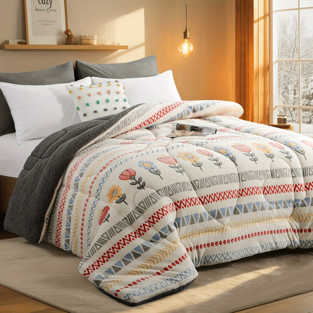 Warm And Thick Bohemian Floral And Geometric Design Quilt, Soft Winter Duvet,