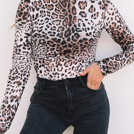 Brown Leopard Smocked Neck Mesh Long Sleeve Bodysuit