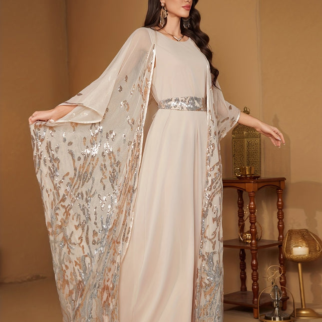 Elegant Directional Non-Positioning Floral Long-Sleeve Sequin Patchwork Dress with a Belt That Can Be Worn