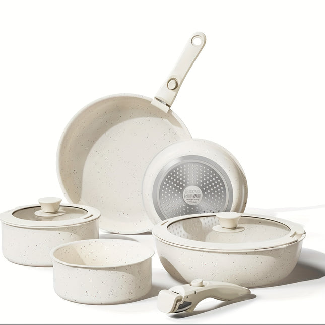 9pcs Ceramic Cookware Set With Removable Handle None Stick Space Saving Cream White Pots And Pans Kitchen Cooking Set